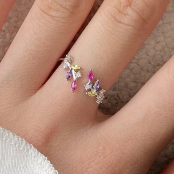 Sterling Silver Multicolor Open Cuff Style Gemstone Ring - Picture 2 of 2